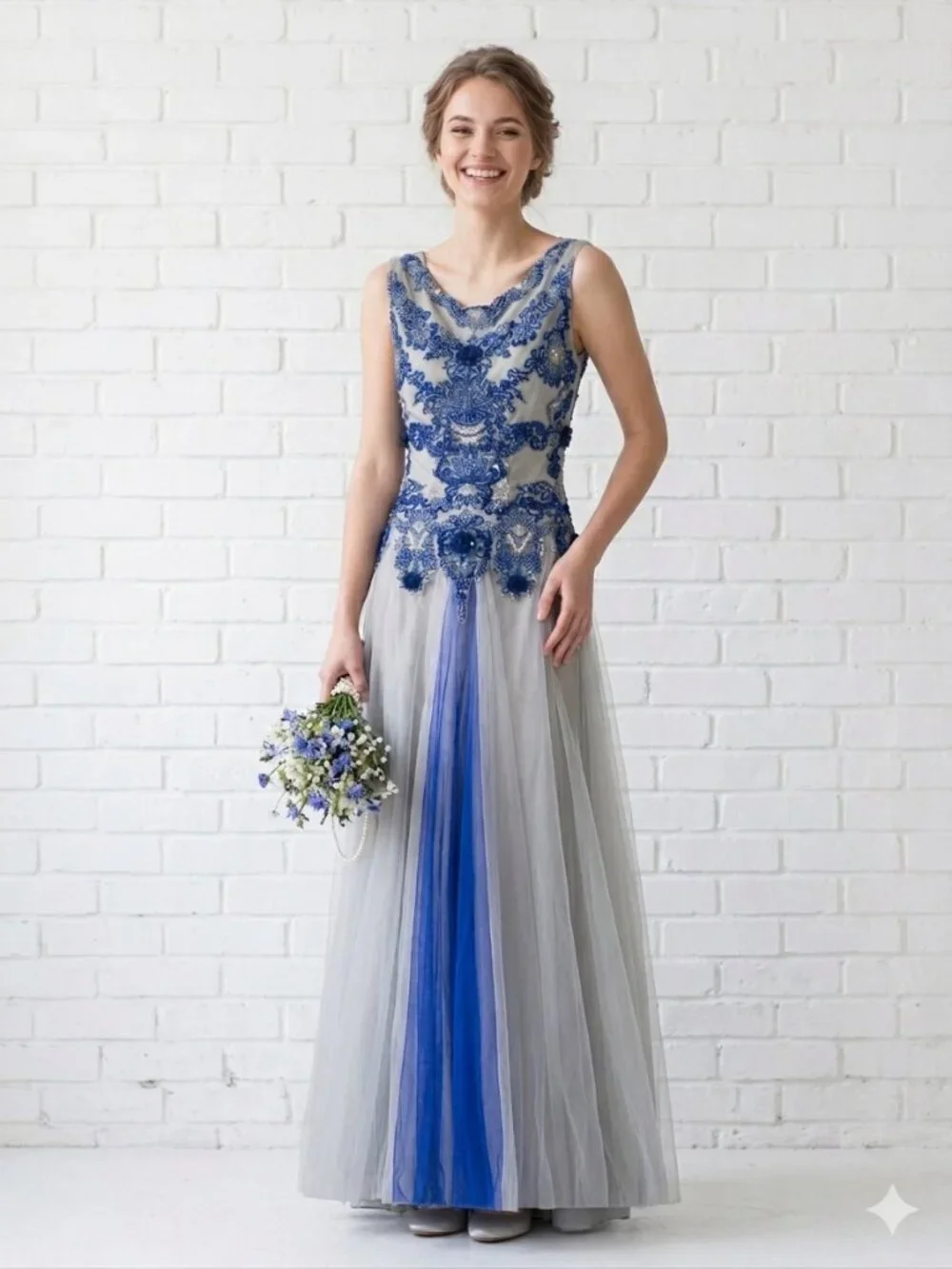 Formal Prom Maxi Dress S/M Embroidered Grey & Blue Indian Style Anarkali Gown - Picture 1 of 15
